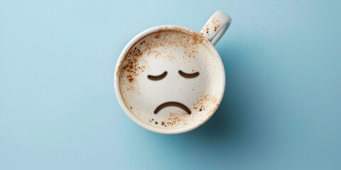 Top view of Coffee cup with Sad face drawn on coffee cup isolated on blue background - obrazy, fototapety, plakaty