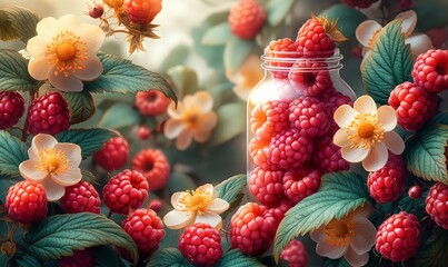 Fruit background with ripe raspberries on a blurred background.