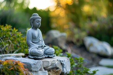 A serene garden scene with a small stone Buddha statue sitting on an ornamental rock in the foreground. Ai generated.