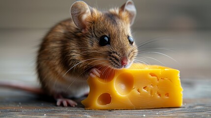 A Humorous Scene of a Tiny Mouse Indulging in a Massive Cheese Slice Generative AI