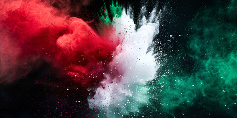 Mexico national smoke flag splash Multi Color powder explosion in Mexican flag color on black background Abstract background