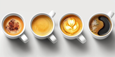 Variety of Delicious Coffee Beverages in White Ceramic Mugs Generative AI - obrazy, fototapety, plakaty