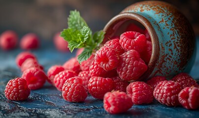 Ripe raspberries on the table and in a ceramic bowl.