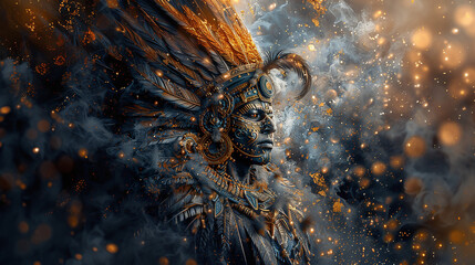 epic cosmic ancestral mayan god or warrior among cosmic stars, universe, mayan wisdom