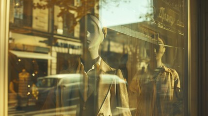 beige mannequins are visible through large glass windows of an elegant boutique, illuminated by warm sunlight 
