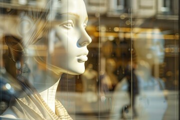 beige mannequins are visible through large glass windows of an elegant boutique, illuminated by warm sunlight 
