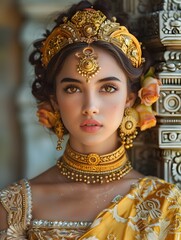 Balinese Woman in Ornate Traditional Ceremonial Dress and Gold Jewelry against Sacred Temple Backdrop
