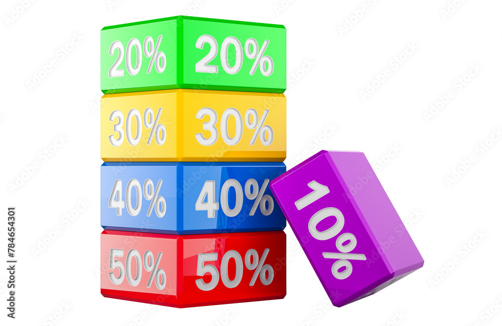 Poster colored discount cubes with different percent. 3d rendering isolated on transparent background