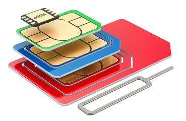 Different SIM cards with eject pin for mobile phone, 3D rendering isolated on transparent background