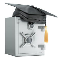Financial literacy, concept. Safe box with graduation cap. 3D rendering isolated on transparent background