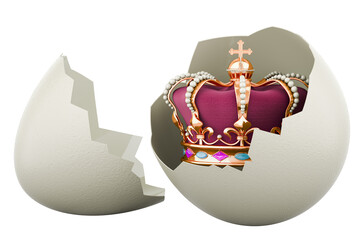 Golden royal crown inside broken chicken egg, 3D rendering isolated on transparent background