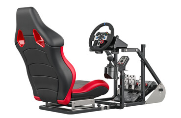 Racing simulator cockpit with gaming racing steering wheel, foot pedal. 3D rendering isolated on transparent background - obrazy, fototapety, plakaty