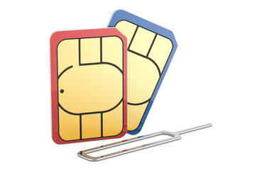 SIM cards with eject pin for mobile phone, 3D rendering isolated on transparent background