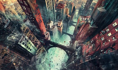 Capture a mesmerizing dystopian cityscape from a worms-eye view using vibrant watercolors Show intricate details of decay and despair