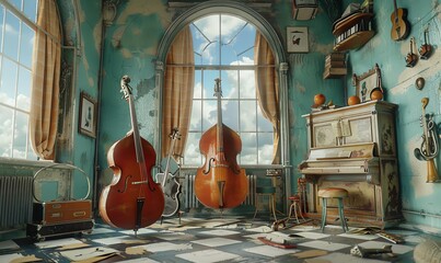 Compose a scene with unexpected camera angles showcasing musical instruments in a surrealistic setting, using traditional art mediums for a unique perspective - obrazy, fototapety, plakaty