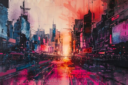 Capture a dystopian futuristic cityscape in bold, gritty street art style using spray paint techniques Infuse vibrant colors amidst darker shades, conveying a sense of chaos and rebellion