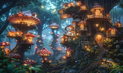 Create a digital rendering of a whimsical fantasy world with towering tree-houses nestled among glowing mushrooms, transporting viewers into a dream-like realm with surprising camera angles - obrazy, fototapety, plakaty