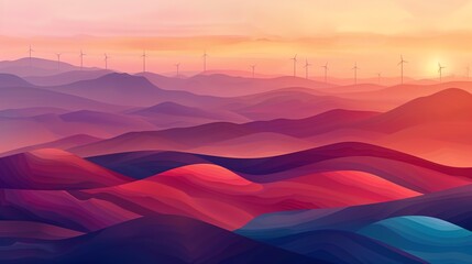 Abstract organic blue and pink lines with silhouettes of wind turbines, hazy dusk effect. wallpaper background illustration, climate change concept.