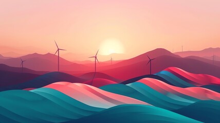 Abstract organic blue and  pink lines with silhouettes of wind turbines, hazy dusk effect. wallpaper background illustration, climate change concept. - obrazy, fototapety, plakaty