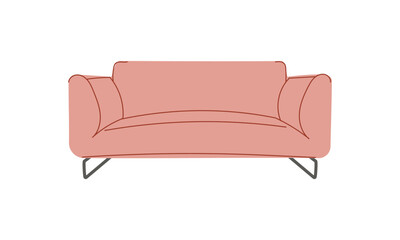 Fashionable pink sofa with retro style pillows. A modern collection of upholstered furniture. Flat vector illustration