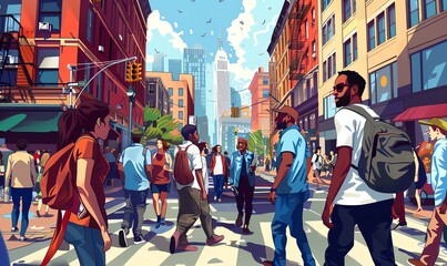 Illustrate a thought-provoking scene of diverse individuals from different walks of life interacting on a bustling city street, showcasing the impact of social commentary in todays society Rendered in - obrazy, fototapety, plakaty