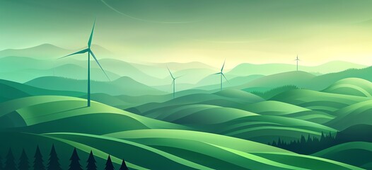 Abstract organic green lines with wind turbines, hazy dusk effect. wallpaper background illustration, climate change concept.