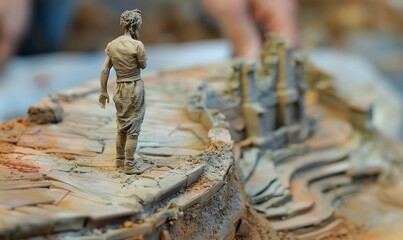Sculpt a clay miniature of a symbolic figure standing at a crossroads, symbolizing the fusion of social commentary and blockchain technology The intricate details should highlight the complexity and s - obrazy, fototapety, plakaty