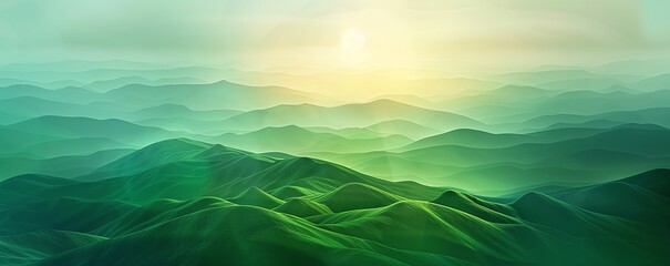 Abstract organic green hills and mountains hazy dusk effect. wallpaper background illustration, climate change concept. - obrazy, fototapety, plakaty