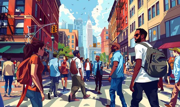 Illustrate a thought-provoking scene of diverse individuals from different walks of life interacting on a bustling city street, showcasing the impact of social commentary in todays society Rendered in