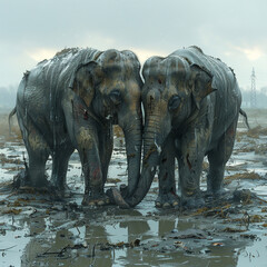 Two giant elephants standing in the middle of a muddy field, locked together in an eternal embrace