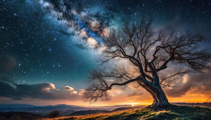 Mysterious night scene of dark blue starry sky with leafless tree. Natural landscape. - obrazy, fototapety, plakaty