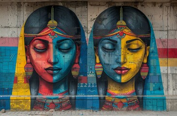 Two large female portraits depicted in vibrant colors and traditional attire on a wall, conveying cultural beauty