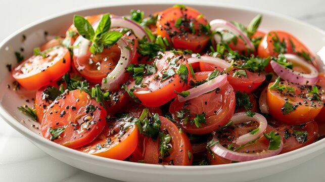 Vibrant Tomato and Onion Salad in Pristine White Bowl Generative AI