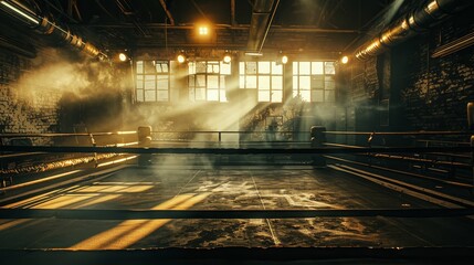 Background bleak boxing ring, run-down boxing gym, dimly lit atmosphere