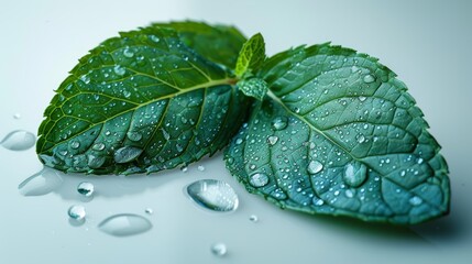 Vibrant Mint Leaves with Glistening Water Droplets Generative AI
