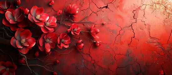 Vivid red flowers bloom against a textured, cracked backdrop, creating a striking contrast. The image exudes an elegant yet wild aesthetic. - obrazy, fototapety, plakaty