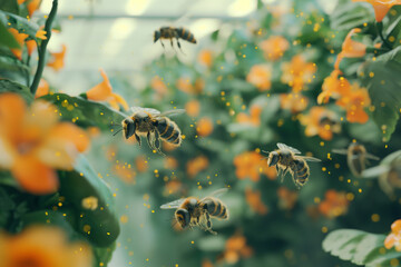 A group of bees flying around a field of flowers - obrazy, fototapety, plakaty