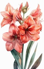 Vibrant Amaryllis Floral Watercolor Painting Generative AI