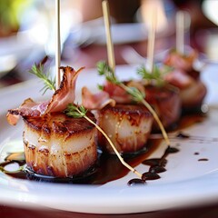 Bacon-wrapped scallops served as an elegant appetizer at a seaside restaurant