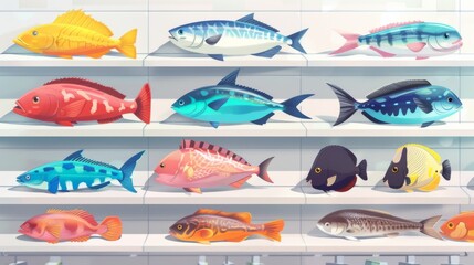 Naklejka premium Different type of fish seafood on supermarket shelfs wallpaper background