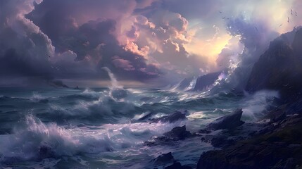Dusk Descends on a Rugged Coastline Creating a Dramatic Symphony of Nature s Power and Beauty - obrazy, fototapety, plakaty