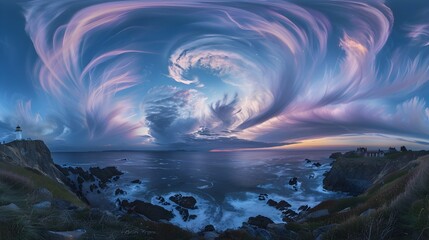 Naklejka premium Dramatic Coastal Twilight Landscape with Swirling Clouds and Distant Lighthouse Silhouette