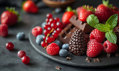Chocolate and fresh berries on the table. - obrazy, fototapety, plakaty