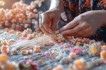 Close-up of hands intricately weaving together various flowers into exquisite garlands using a traditional loom