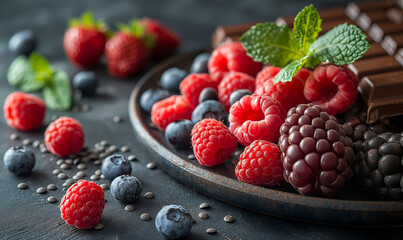 Chocolate and fresh berries on the table.