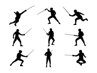 Fencing silhouette. Black fencing silhouette in action. Set of silhouettes of fencing. Sport, athletes, and fencing players Isolated on white background.