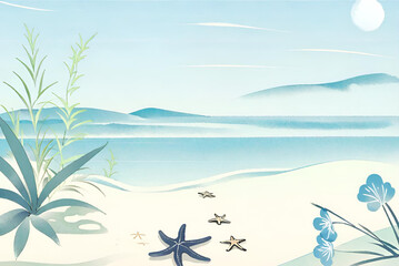 Fototapeta na wymiar AI-generated background that shows a paradise beach in summer, with white sand, turquoise blue water and starfish, a symbol of freedom and enjoyment of summer