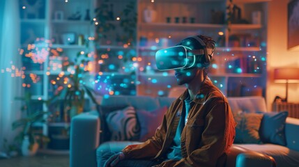 An individual wearing a VR headset, immersed in a virtual reality experience, their living room transformed into an interactive digital environment.