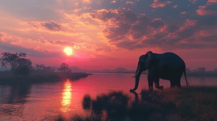 Obraz premium an elephant standing gracefully against the backdrop of a radiant sunset, its silhouette accentuated by the vivid colors of the evening sky, 