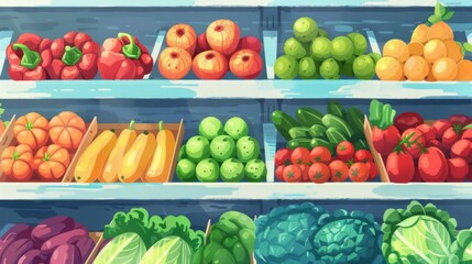 Supermarket shelf with fruits and vegetables wallpaper background